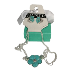 Napier Silver tone with Textured Teal Flower Necklace & Earrings Set